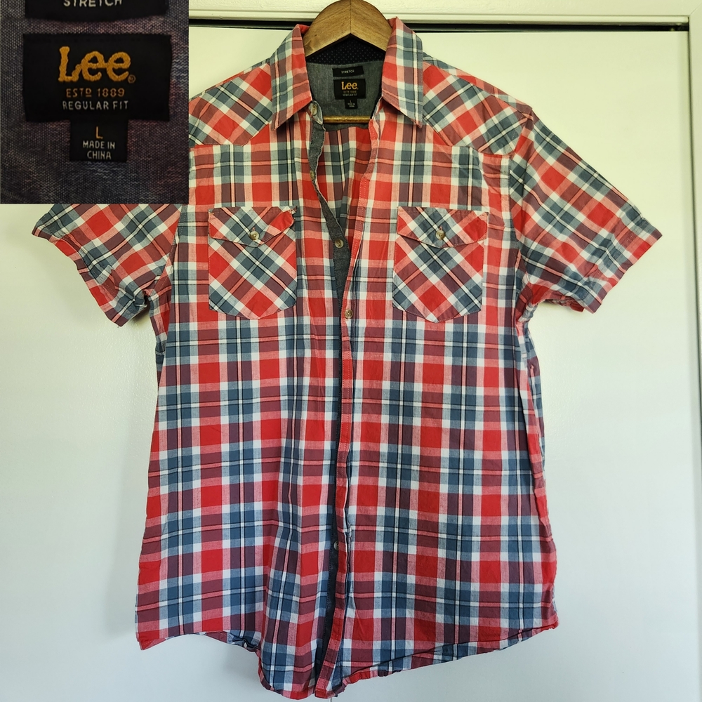 Lee Red and Blue Plaid Casual Button Down Shirt